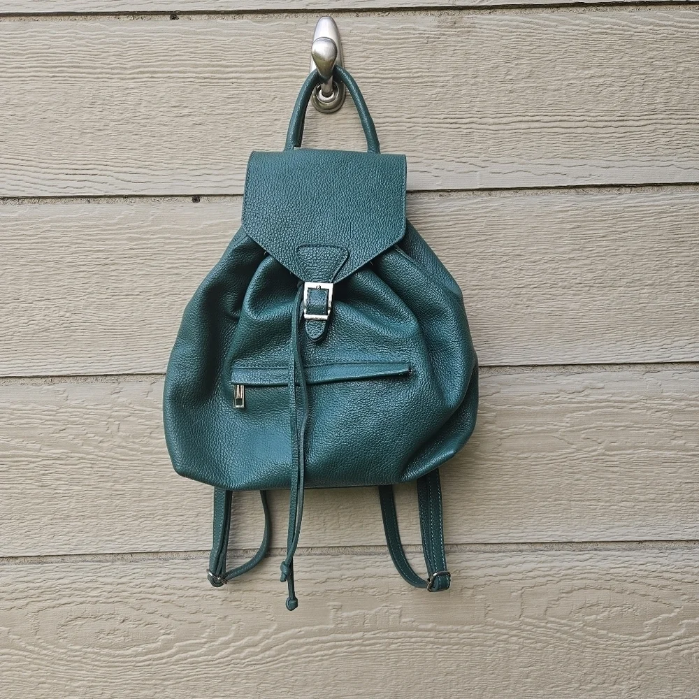 green genuine leather mini backpack made in Italy